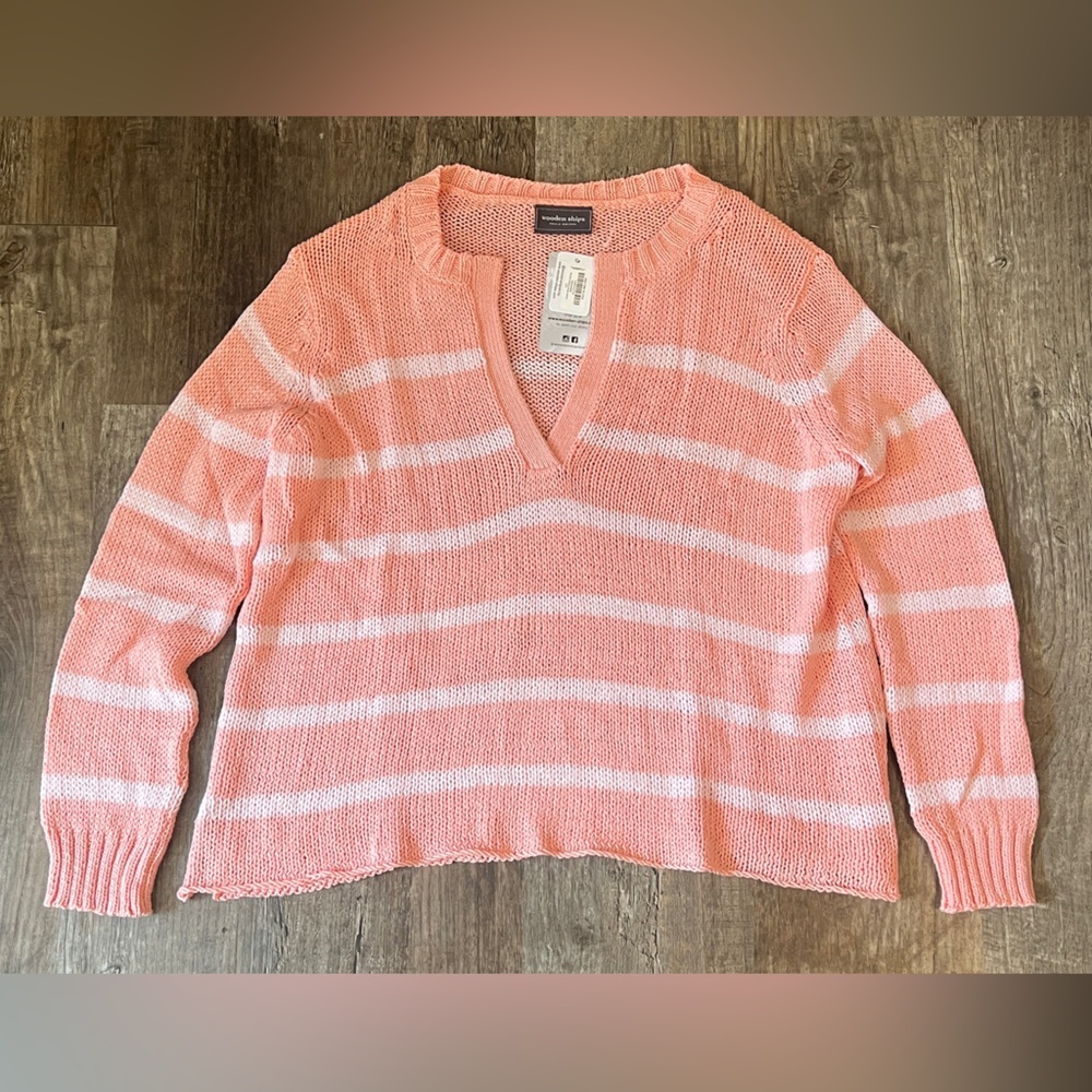 NWT Wooden Ships Peach & White Striped V-Neck Sweater